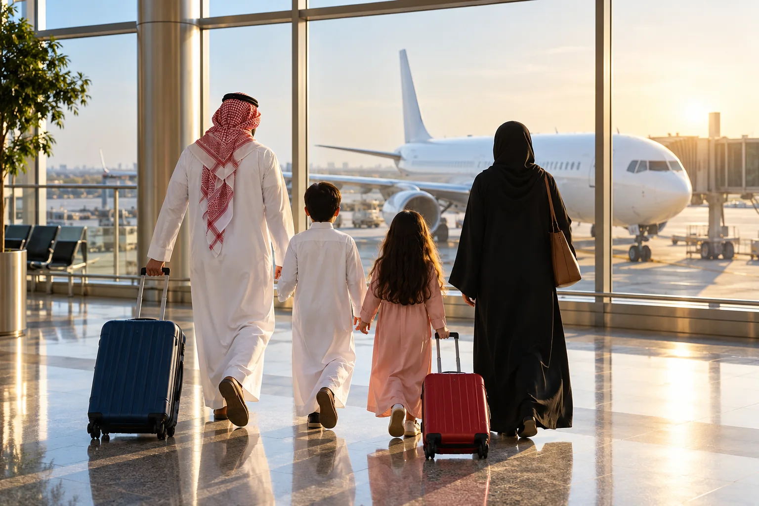عائلة تمشي بحقائب السفر في صالة مطار مشمسة أمام طائرة بيضاء محايدة.