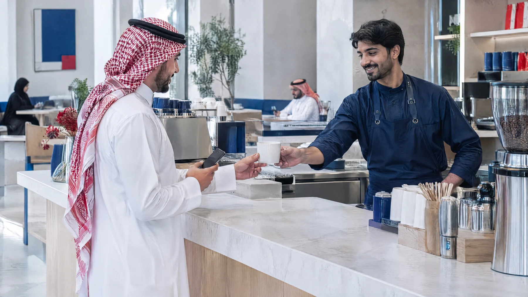 مشهد تعبيري لخدمة عميل في مقهى سعودي